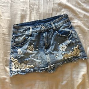 Jean Miniskirt with Pearls, safety shorts included
